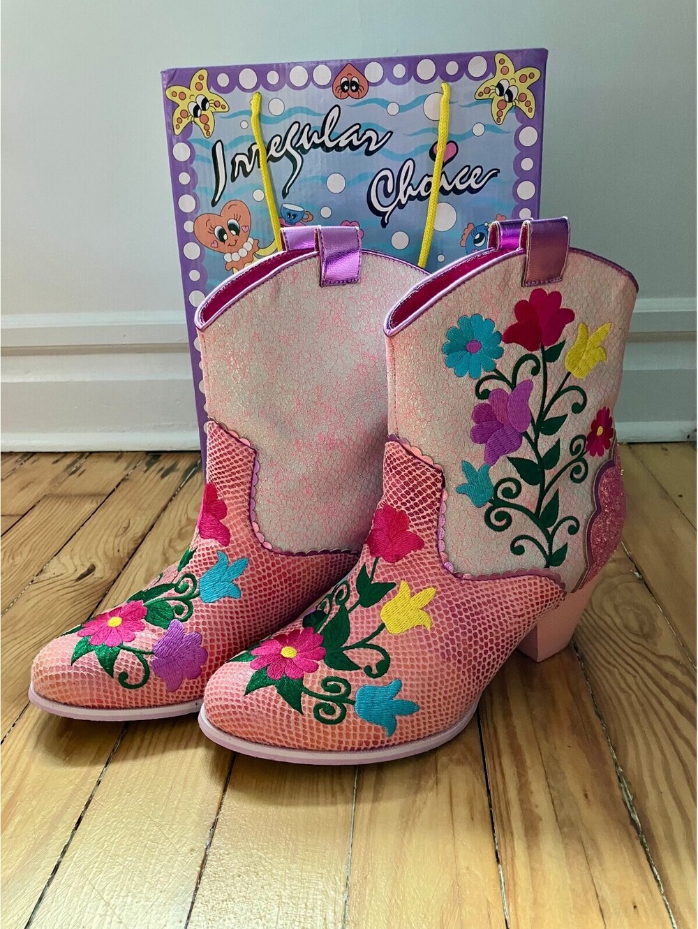Irregular Choice Polly Posies Pink Floral Embroidered Cowboy Boots EU 42 Boxed